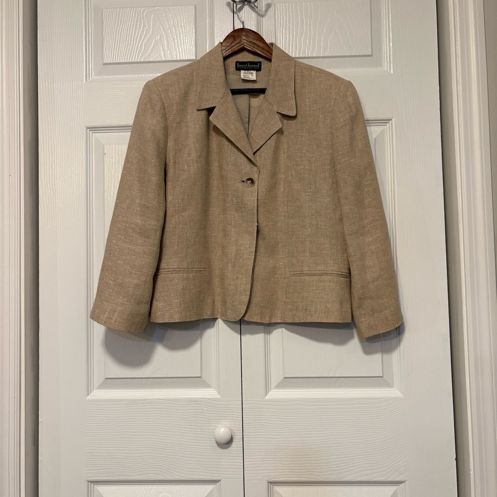 Classic Linen Blazer Beige Tailored Workwear Jacket Size 14 Lined Shoulder Pads